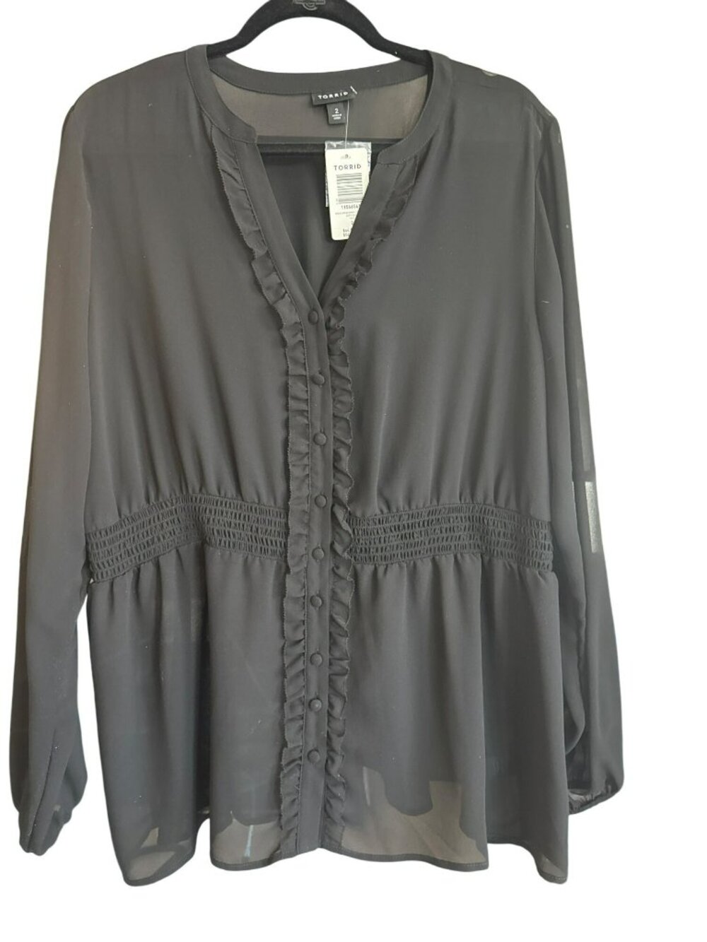 Torrid Black Chiffon Smocked Waist Ruffle Blouse Size 2 2X NWT  Plus Peasant